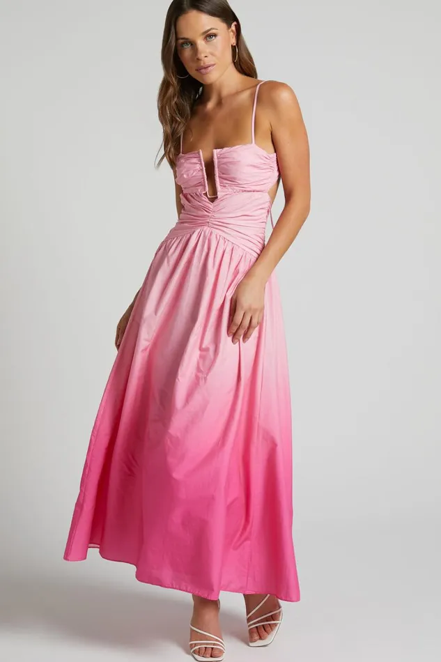Gianna Midi Dress 8211 Square Neck Cut Out Bust Fit And Flare Dress In Pink Ombre Women Showpo Conscious