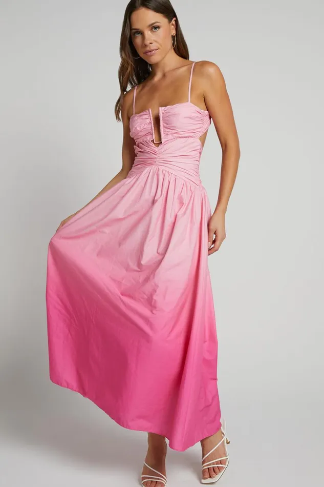 Gianna Midi Dress 8211 Square Neck Cut Out Bust Fit And Flare Dress In Pink Ombre Women Showpo Conscious