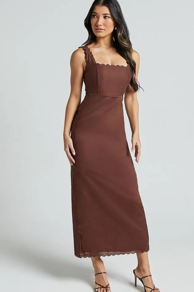 Gwyneth Midi Dress 8211 Wide Strap Neck Wavy Hem Slip Dress In Chocolate Women Showpo Dresses Gwyneth Midi Dress 8211 Wide Strap Neck Wavy Hem Slip Dress In Chocolate Women Showpo Dresses
