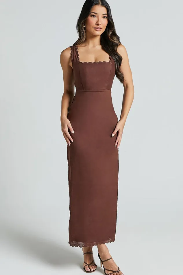 Gwyneth Midi Dress 8211 Wide Strap Neck Wavy Hem Slip Dress In Chocolate Women Showpo Dresses