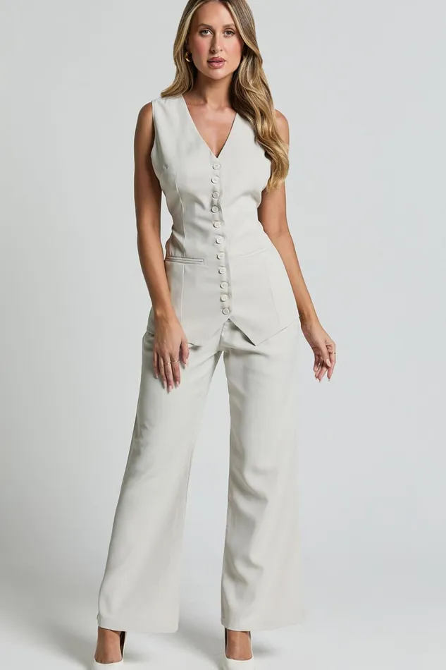 Gwyneth Vest 8211 Button Up Longline Waistcoat In Stone Women Showpo Tops