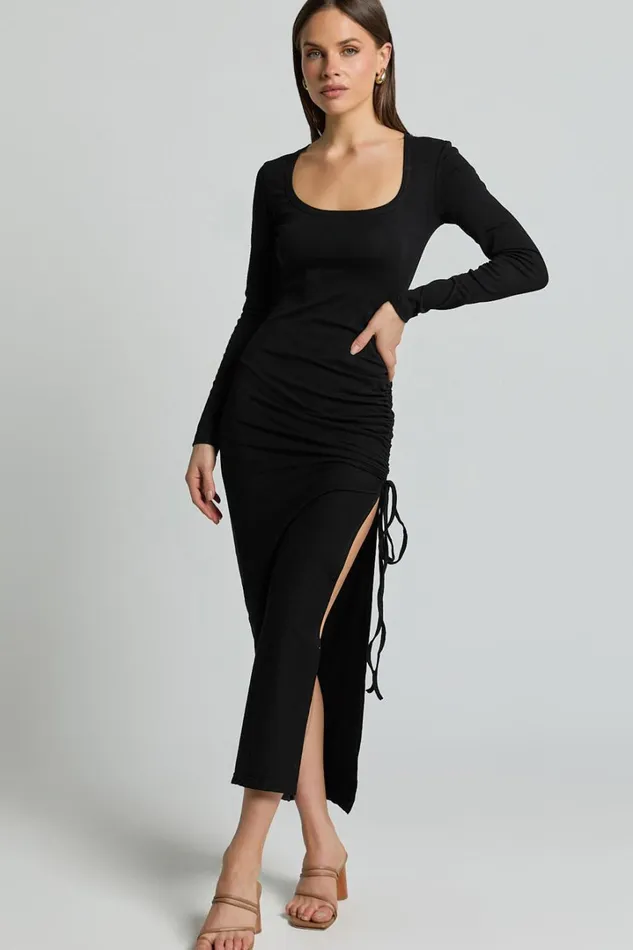 Harlow Midi Dress 8211 Crew Neck Long Sleeve Ruched Side Split Dress In Black Women Showpo Dresses Harlow Midi Dress 8211 Crew Neck Long Sleeve Ruched Side Split Dress In Black Women Showpo Dresses
