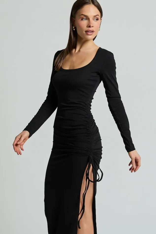 Harlow Midi Dress 8211 Crew Neck Long Sleeve Ruched Side Split Dress In Black Women Showpo Dresses