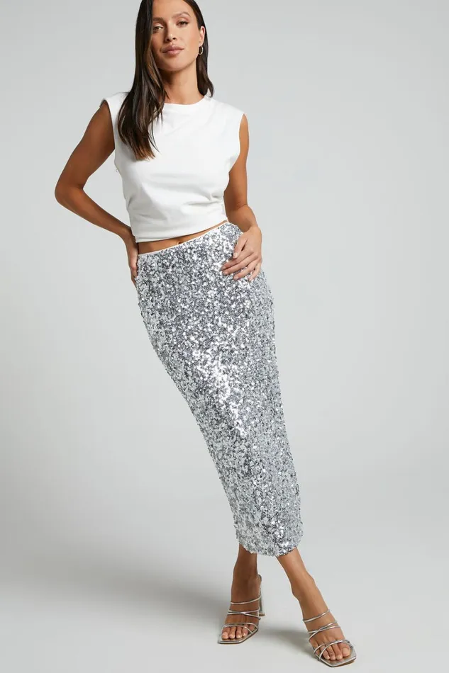 Hasley Midi Skirt 8211 Sequin Bodycon Skirt In Silver Women Showpo Curve Clothes