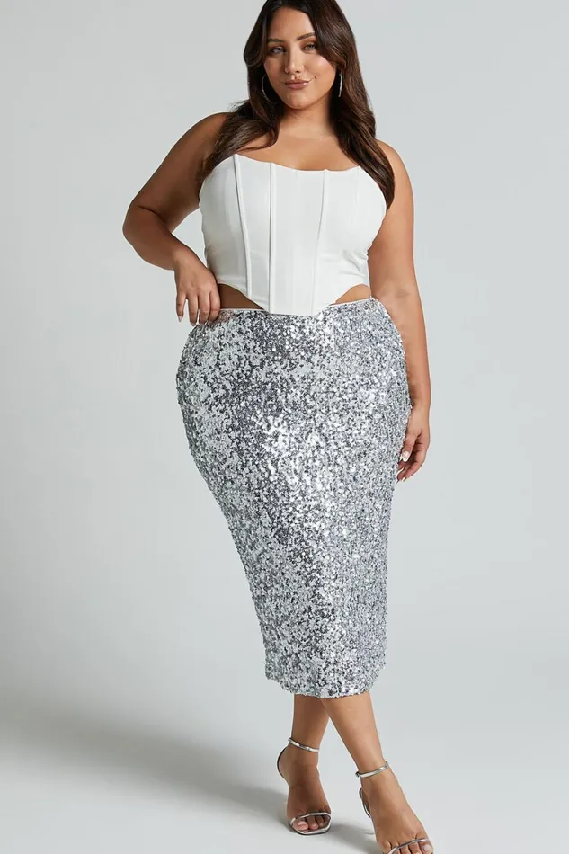 Hasley Midi Skirt 8211 Sequin Bodycon Skirt In Silver Women Showpo Curve Clothes
