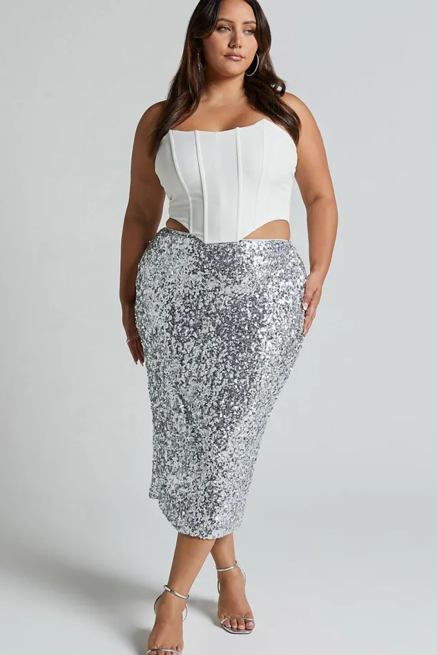 Hasley Midi Skirt 8211 Sequin Bodycon Skirt In Silver Women Showpo Curve Clothes