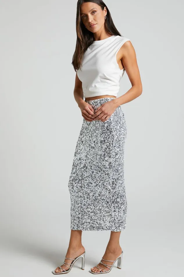 Hasley Midi Skirt 8211 Sequin Bodycon Skirt In Silver Women Showpo Curve Clothes