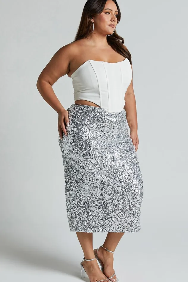 Hasley Midi Skirt 8211 Sequin Bodycon Skirt In Silver Women Showpo Curve Clothes