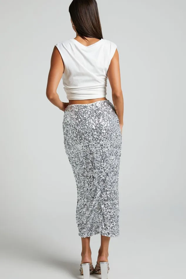Hasley Midi Skirt 8211 Sequin Bodycon Skirt In Silver Women Showpo Curve Clothes