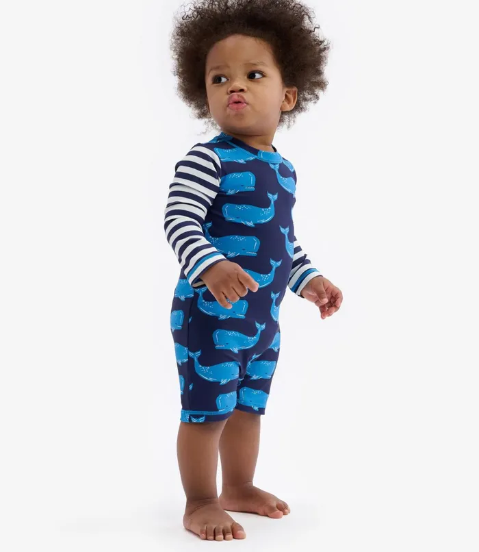 Hatley Block Whales Baby OnePiece Rashguard Baby and Toddler Swimwear