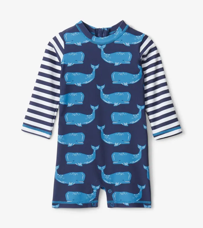 Hatley Block Whales Baby OnePiece Rashguard Baby and Toddler Swimwear