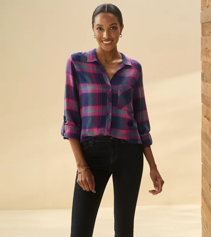 Hatley Lila Button Down 8211 Fuchsia Plaid Women Tops