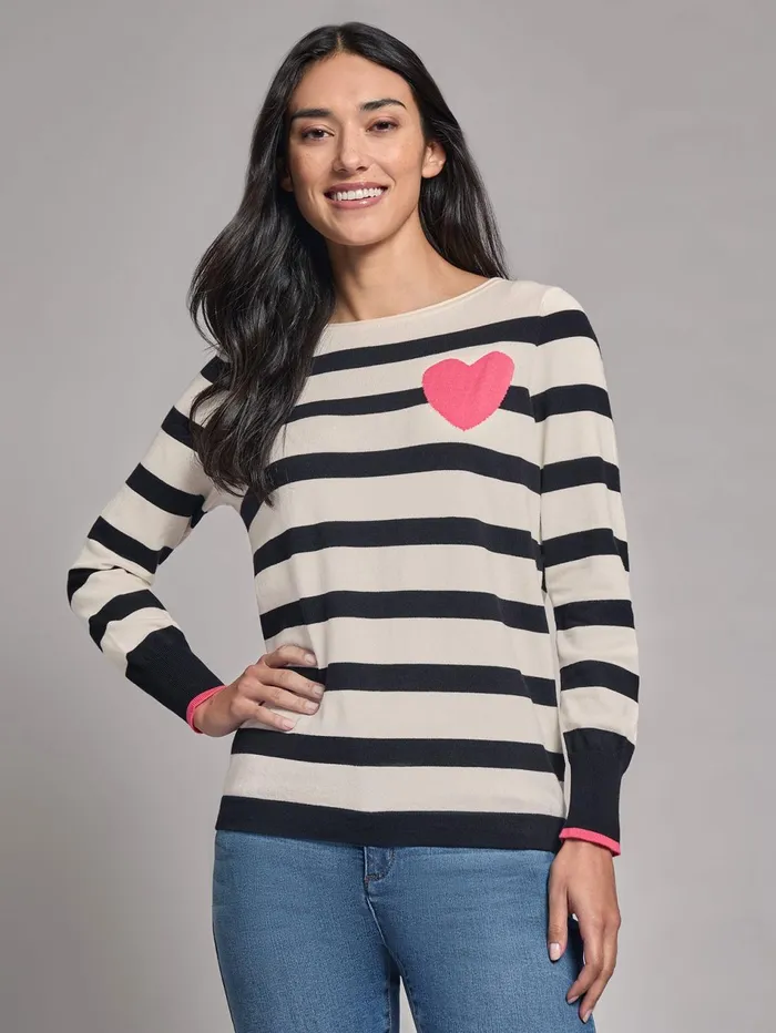 Heart Detail Stripe Boat Neck Sweater Women Jones New York Tops and Blouses