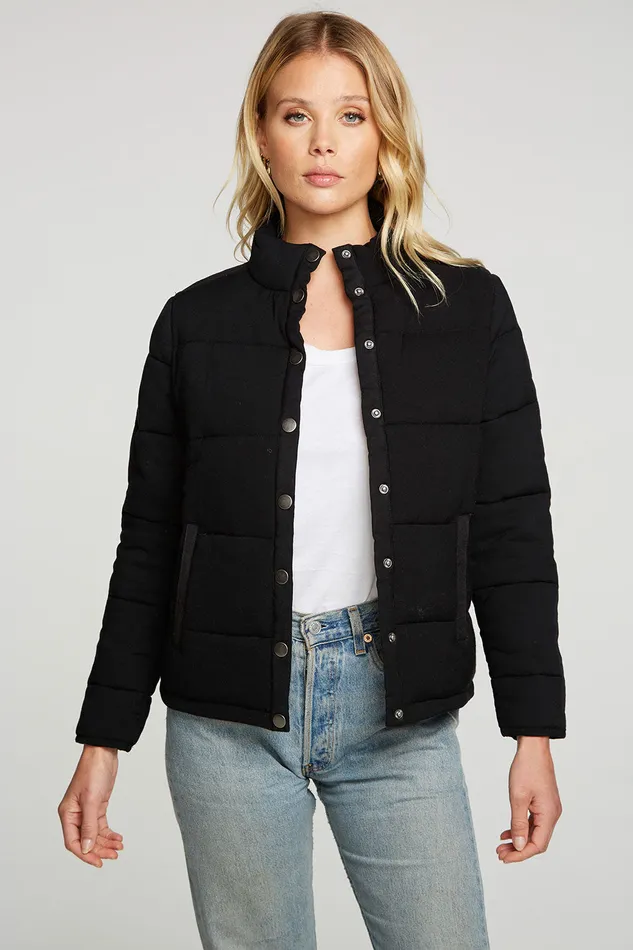 Heirloom Wovens Quilted Cropped Mock Neck Puffer Jacket Womens Outerwear Chaser Brand