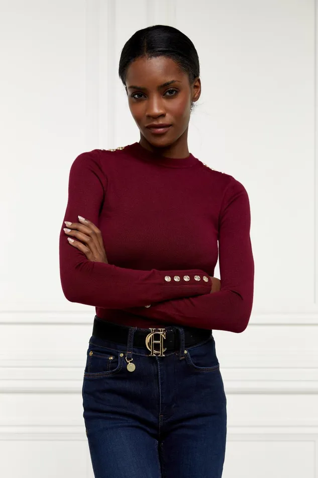 Holland Cooper Knitwear Women Buttoned Knit Crew Neck Wine