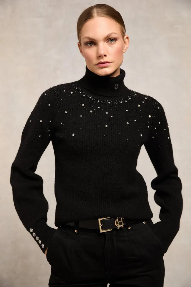 Holland Cooper Knitwear Women Kelsie Rib Embellished Roll Neck Black Holland Cooper Knitwear Women Kelsie Rib Embellished Roll Neck Black