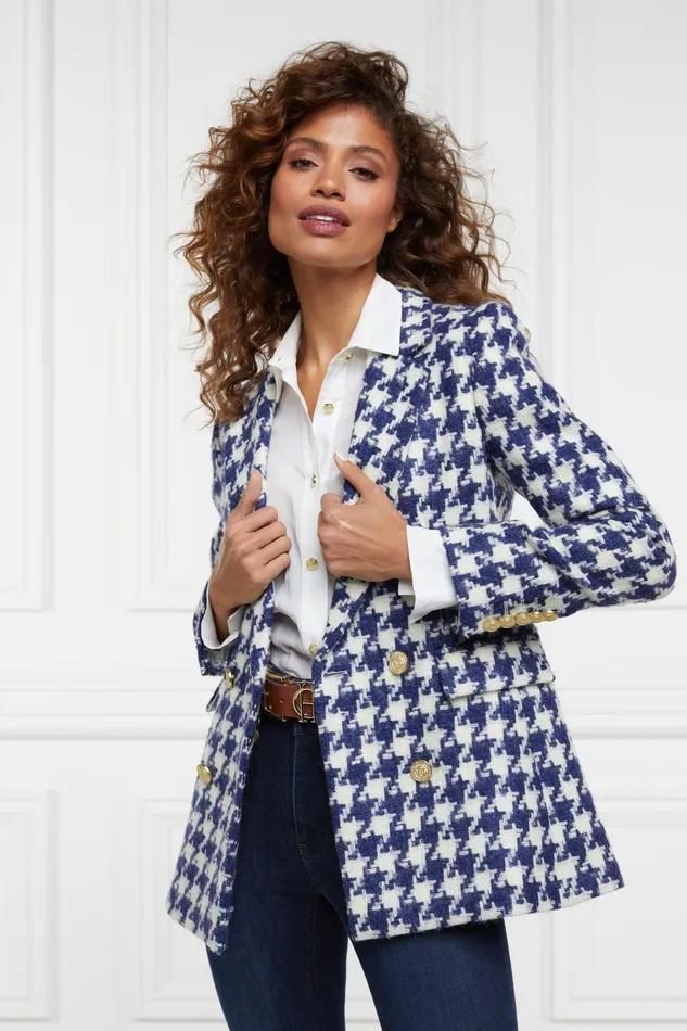 Holland Cooper Tailoring Women Double Breasted Blazer Large Scale Navy Houndstooth