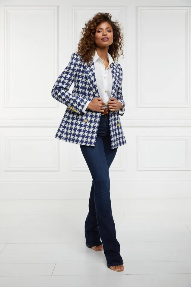 Holland Cooper Tailoring Women Double Breasted Blazer Large Scale Navy Houndstooth