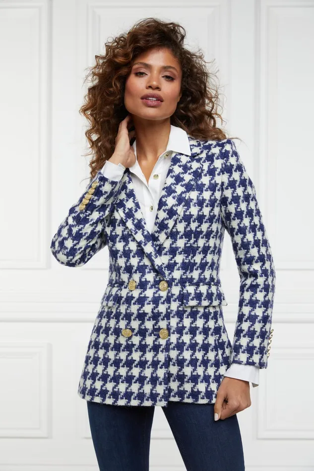 Holland Cooper Tailoring Women Double Breasted Blazer Large Scale Navy Houndstooth