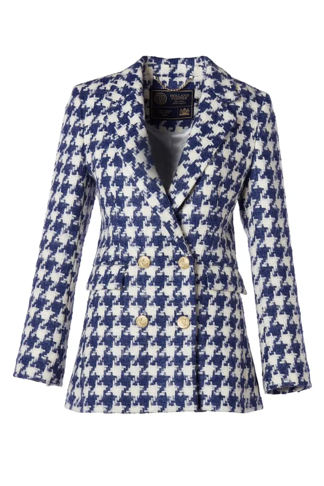 Holland Cooper Tailoring Women Double Breasted Blazer Large Scale Navy Houndstooth