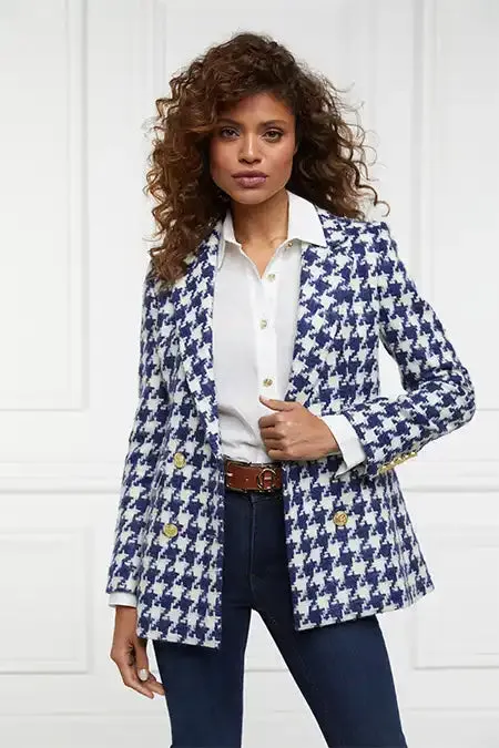 Holland Cooper Tailoring Women Double Breasted Blazer Large Scale Navy Houndstooth