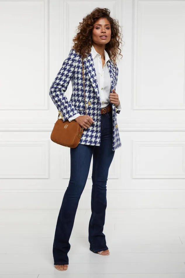 Holland Cooper Tailoring Women Double Breasted Blazer Large Scale Navy Houndstooth