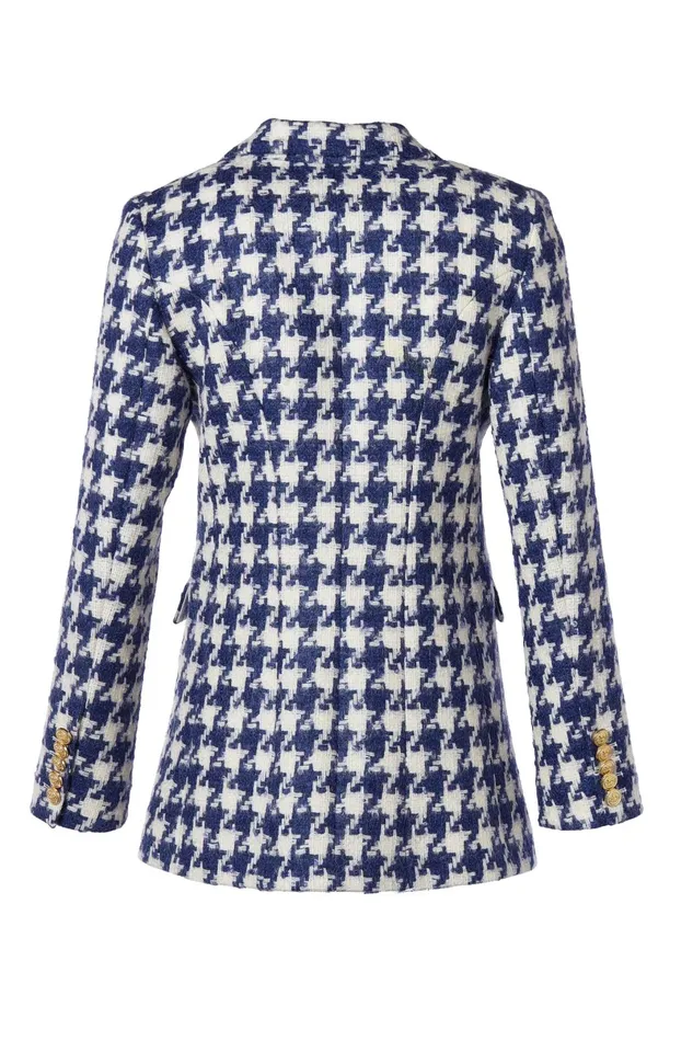 Holland Cooper Tailoring Women Double Breasted Blazer Large Scale Navy Houndstooth