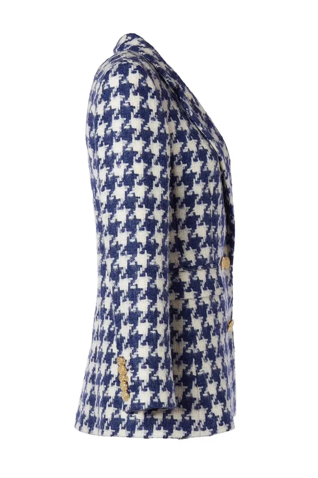 Holland Cooper Tailoring Women Double Breasted Blazer Large Scale Navy Houndstooth