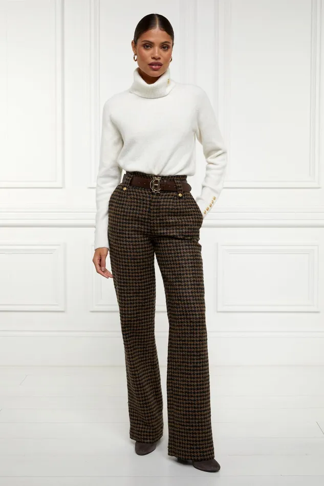 Holland Cooper Tailoring Women High Waisted Straight Trouser Chocolate Houndstooth
