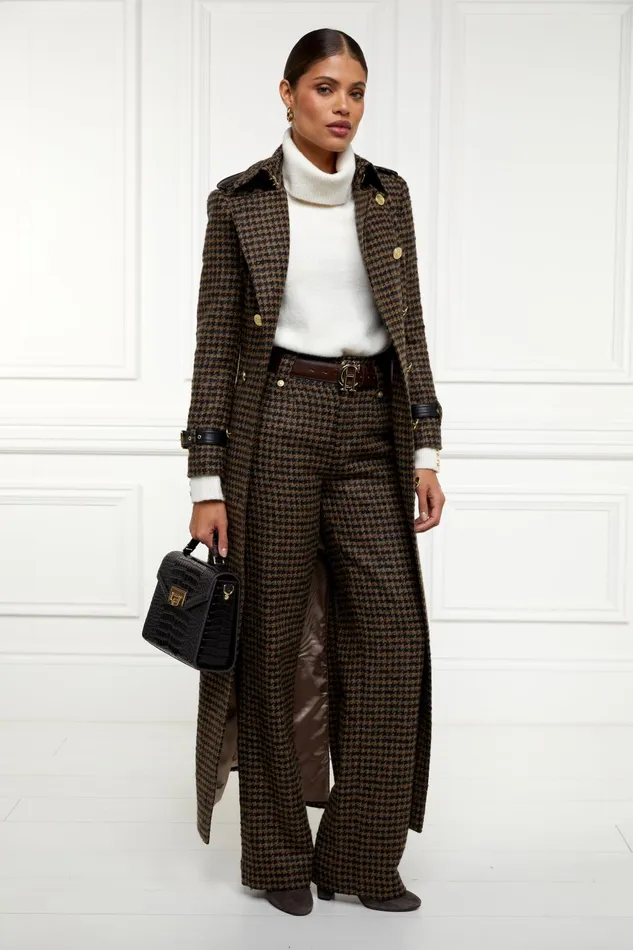 Holland Cooper Tailoring Women High Waisted Straight Trouser Chocolate Houndstooth