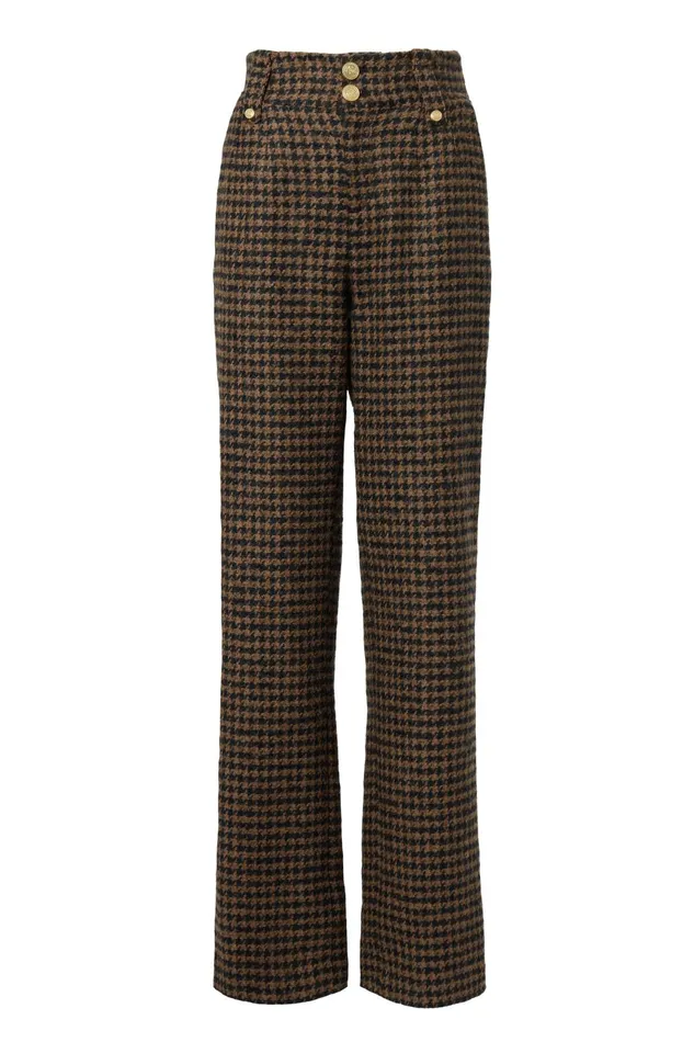 Holland Cooper Tailoring Women High Waisted Straight Trouser Chocolate Houndstooth