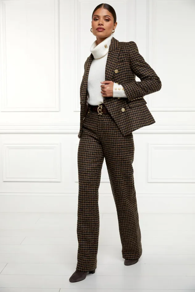 Holland Cooper Tailoring Women High Waisted Straight Trouser Chocolate Houndstooth