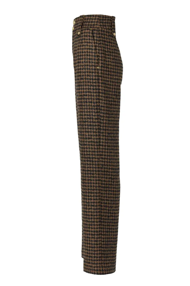 Holland Cooper Tailoring Women High Waisted Straight Trouser Chocolate Houndstooth