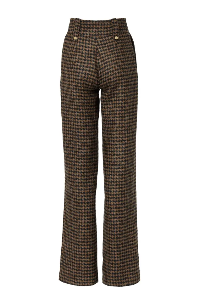 Holland Cooper Tailoring Women High Waisted Straight Trouser Chocolate Houndstooth