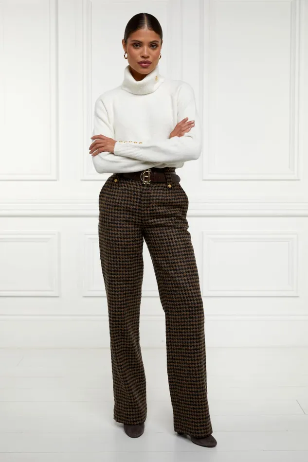 Holland Cooper Tailoring Women High Waisted Straight Trouser Chocolate Houndstooth