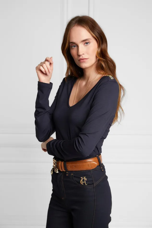 Holland Cooper Tops Women Long Sleeve VNeck Tee Ink Navy