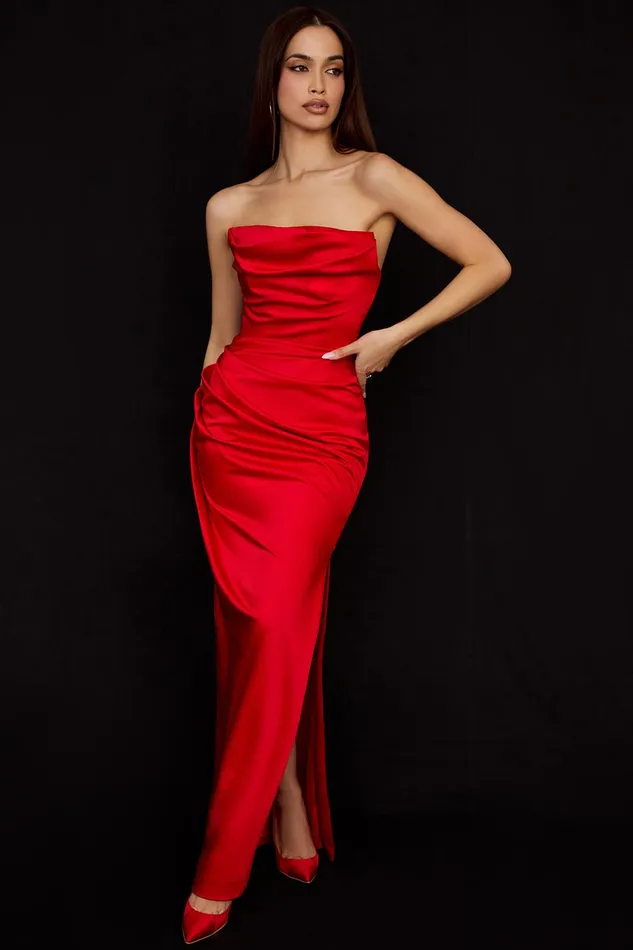 House Of CB AdrienneScarlet Satin Strapless Gown Scarlet Women Corset Dresses