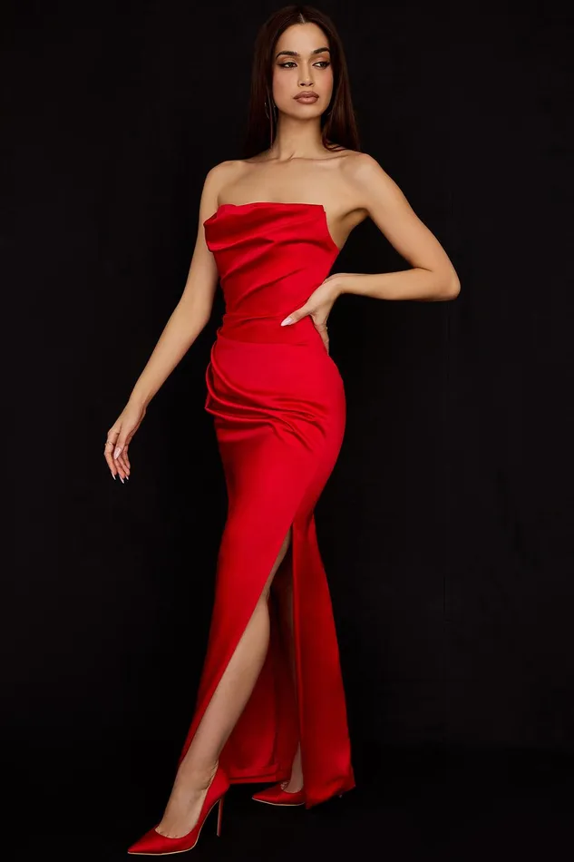 House Of CB AdrienneScarlet Satin Strapless Gown Scarlet Women Corset Dresses