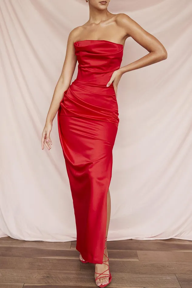 House Of CB AdrienneScarlet Satin Strapless Gown Scarlet Women Corset Dresses