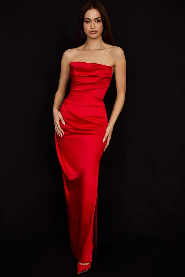 House Of CB AdrienneScarlet Satin Strapless Gown Scarlet Women Corset Dresses