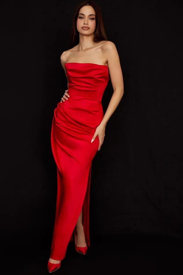 House Of CB AdrienneScarlet Satin Strapless Gown Scarlet Women Corset Dresses