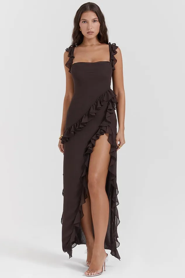 House Of CB ArielaEspresso Ruffle Maxi Dress Espresso Women Maxi Dresses