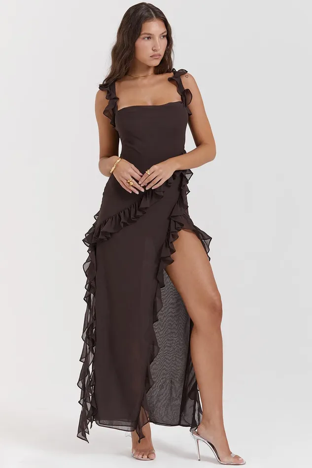 House Of CB ArielaEspresso Ruffle Maxi Dress Espresso Women Maxi Dresses