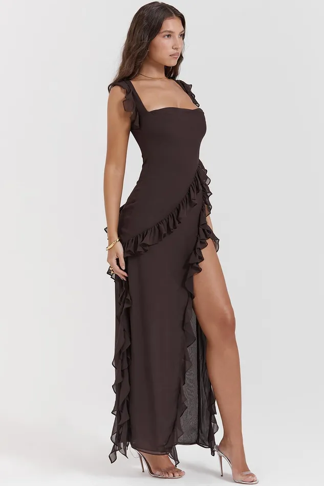 House Of CB ArielaEspresso Ruffle Maxi Dress Espresso Women Maxi Dresses