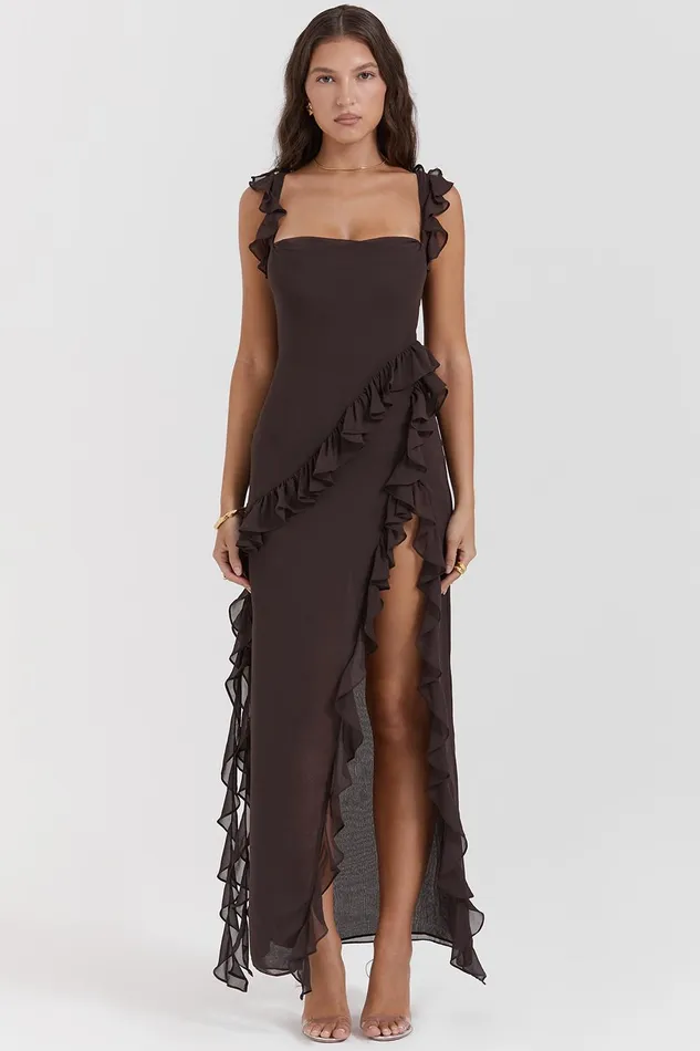 House Of CB ArielaEspresso Ruffle Maxi Dress Espresso Women Maxi Dresses