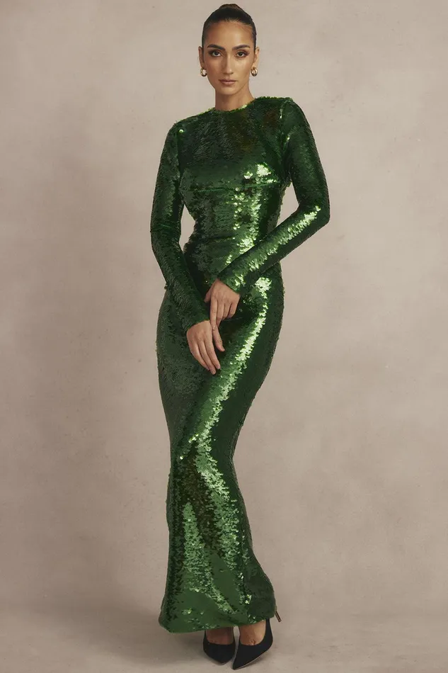 House Of CB BellePine Green Sequin Maxi Dress 8211 SALE Pine Women Maxi Dresses