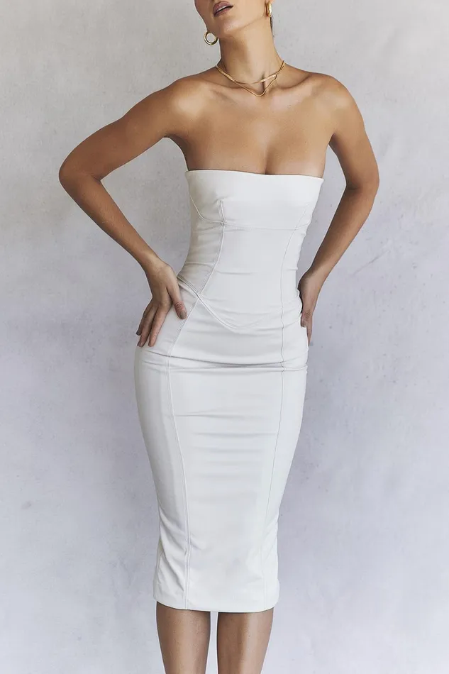 House Of CB CamillaIvory Vegan Leather Strapless Dress 8211 SALE Ivory Women Bodycon Dresses
