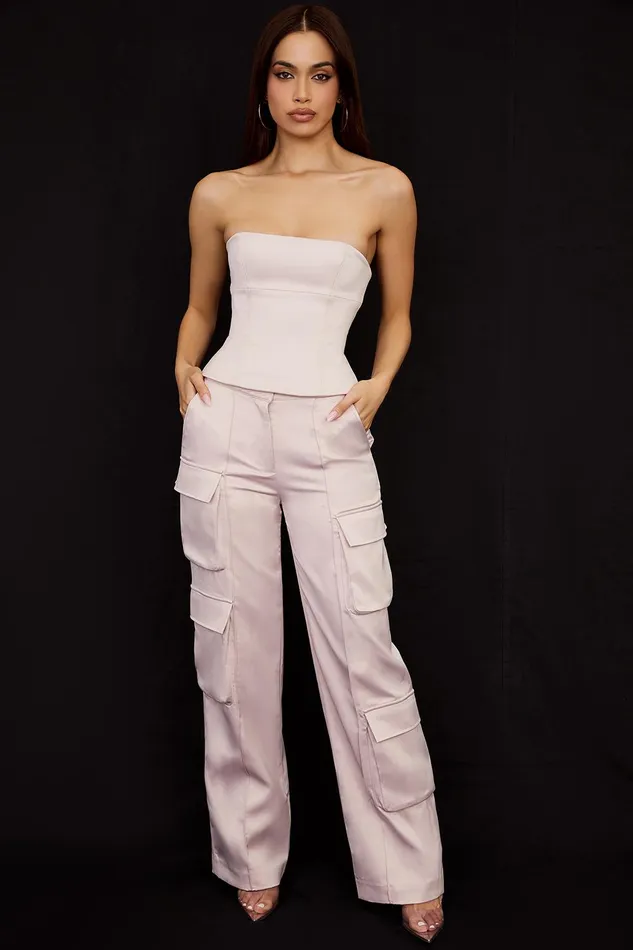 House Of CB DariaCrystal Satin Straight Leg Cargo Trousers Crystal Women Trousers