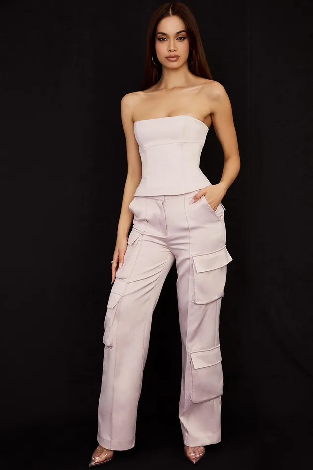 House Of CB DariaCrystal Satin Straight Leg Cargo Trousers Crystal Women Trousers