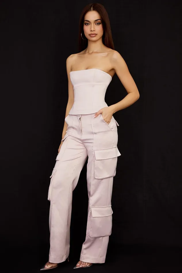 House Of CB DariaCrystal Satin Straight Leg Cargo Trousers Crystal Women Trousers